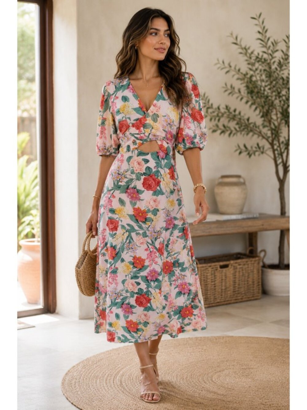 Old Navy Floral Linen Blend Midi Dress L Pink Wrap Tie Front Puff Sleeve Cottage